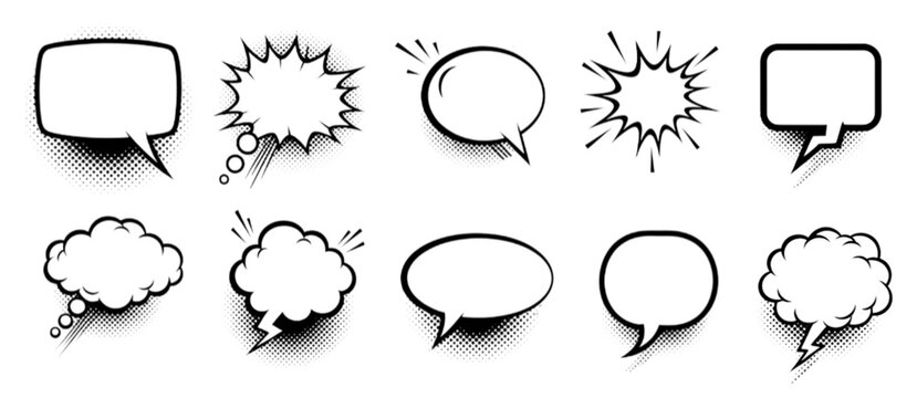 Retro empty comic speech bubbles set with black halftone shadows. Vintage design, pop art style - stock vector.