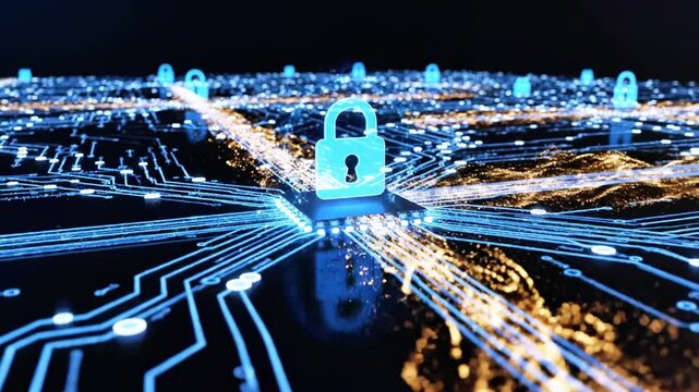 Nighttime digital network with glowing circuit traces and padlock icons signaling cyber security!!!!