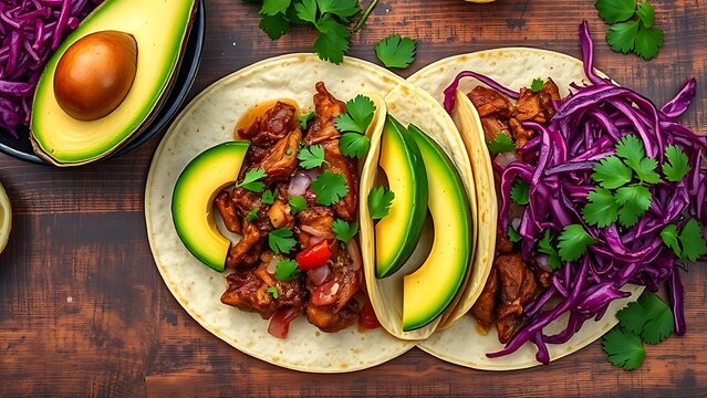 carnitas. A vibrant arrangement of Mexican street tacos with pork, avocado, and cabbage, showcasing rustic food presentation. menu design.