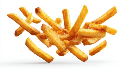 Delicious golden fries are suspended in mid air in a whimsical arrangement. The scene captures the tempting appeal of freshly cooked fries perfect for any snack lover.