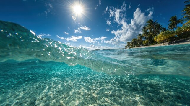 Sunlight sparkles on clear turquoise water as gentle waves roll ashore. In the background palm trees sway on a sandy beach under a bright sky filled with fluffy clouds.