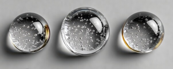 Three glass spheres with bubbles on a grey background, abstract modern water orbs and reflections