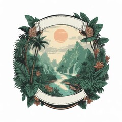 Tropical paradise landscape with waterfall, mountains, palm trees, and banner for text
