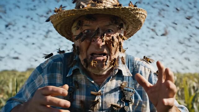 Farmer Being Swarmed by Bees in the Field, Horror