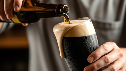Bartender Pouring Cold Dark Beer with Overflowing Foam Head