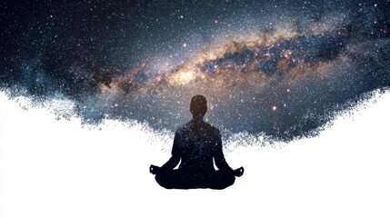 Fototapeta premium A figure sits in a meditative pose surrounded by a cosmic scene filled with stars and galaxies creating a sense of tranquility and connection to the universe.