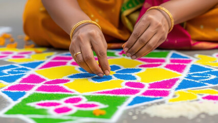 Indian Woman Creating Colorful Rangoli Design for Festival