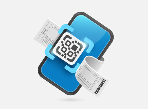 Scan QR code with your mobile phone to pay for online purchases and receipt or invoice will come out, vector 3d illustration isolated on white background for online shopping, financial concept design