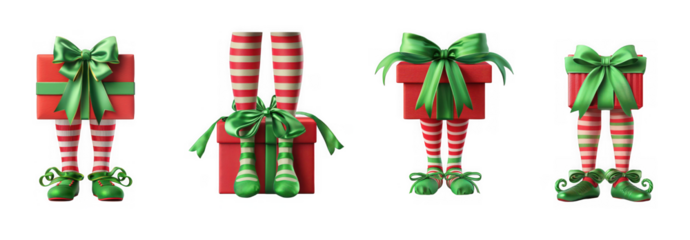 Four festive christmas gift boxes with whimsical elf legs and shoes, adorned with red and white stripes and green bows, isolated on transparent background