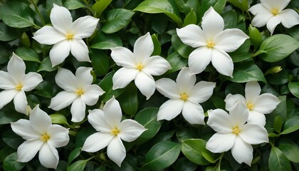 Abstract White Cape Jasmine Flowers with Green Leaves Background