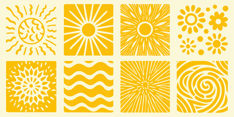Yellow summer sun and flower icons in square format