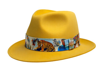 Yellow Trilby Hat with Tiger Print Band isolated on a transparent background