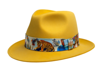 Yellow Trilby Hat with Tiger Print Band isolated on a transparent background