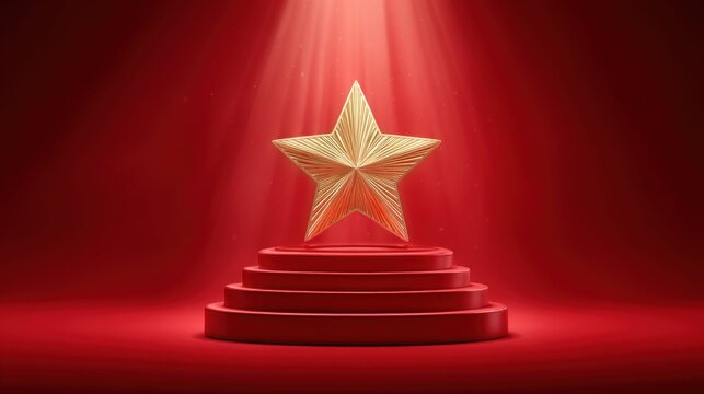 Golden star on a red pedestal, illuminated by a spotlight, for awards and recognition