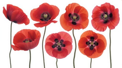 Realistic Poppy Icon Set, Pure White Background