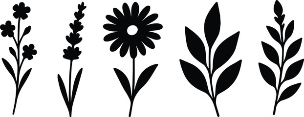 Set of decorative rose with leaves. Flower silhoutte. Vector illustration.Set of decorative rose with leaves. Flower silhoutte. Vector illustration.Set of decorative rose with leaves. Flower silhoutte