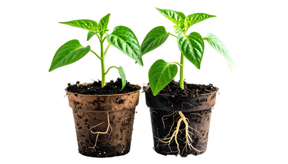 Fototapeta premium Two green plant sprouts in soil-filled pots