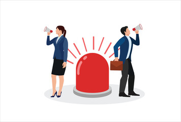 icon work vector Declaration of a state of emergency, concept of warning about danger, businessman and woman with megaphone giving instructions about the current state of emergency