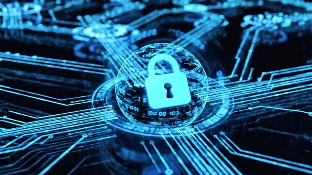 Glowing blue padlock centered amid radiant circuit lines, symbolizing digital security. in focus now