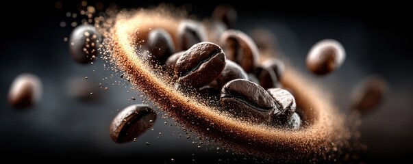 Closeup of coffee beans in dramatic motion with dust spiral and rich aroma