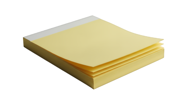 Stack of yellow blank sticky notes, a memo pad with one page curling, handy office stationery for notes and reminders, isolated on transparent background