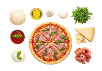 Flat lay of fresh pizza with prosciutto and arugula, ingredients spread out isolated on transparent background