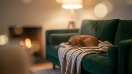 Cozy Living Room Scene with Dog Sleeping on Couch