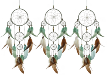 Three traditional decorative dreamcatchers with feathers and beads isolated isolated on transparent background