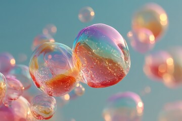 Colorful soap bubbles float in a bright blue sky with iridescent reflections