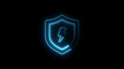 Blue neon shield with lightning bolt symbol glowing on black background security protection