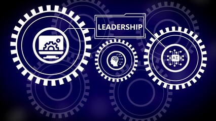 Leadership concept with interconnected gears and icons representing technology and AI on a dark blue background