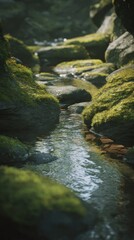 Fototapeta premium Serene Water Stream Flowing Through Mossy Stones in a Tranquil Landscape
