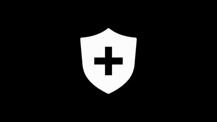 White Shield with Black Plus Sign Icon on Black Background cross medical