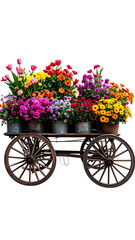 Vibrant flowers on rustic cart, dark background
