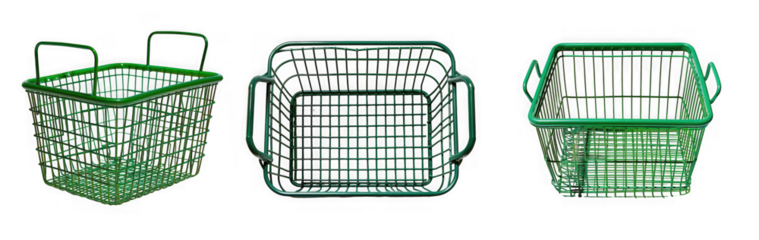 Three green wire baskets displayed from various angles, ideal for storage, shopping, or organization, isolated on transparent background