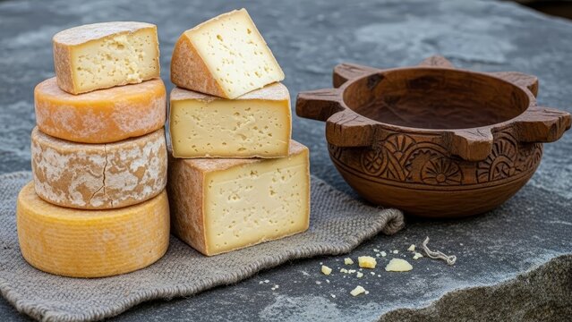 Cheese stacks are paired with a wooden vessel and crumbs on a gray surface with a folded gray cloth
