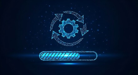 Digital process loading concept with gear and arrows representing workflow automation and system update innovation