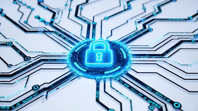 Cybernetic circuit network envelops a glowing blue padlock at center, signaling secure connectivity
