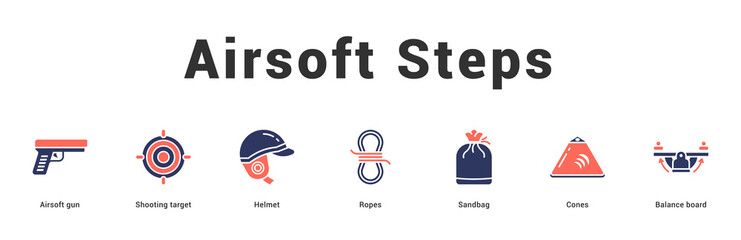 Airsoft Steps Modern and clean web banner illustration featuring thematic icons for visual communication