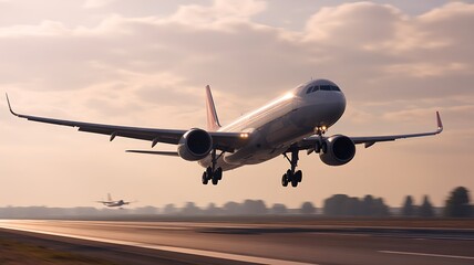 Airplane Taking Off at Sunrise with Another Plane in Background