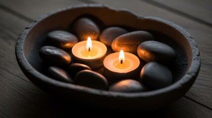 Warm glow of two lit candles and smooth spa stones in a bowl