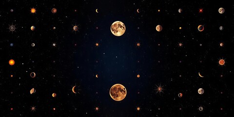 Celestial bodies arranged in a symmetrical grid pattern against a dark, starry backdrop,  timeless,  galaxy