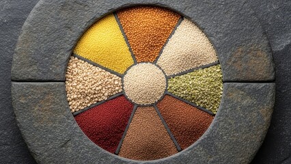 A circular stone structure filled with sections of various grains forming a colorful mosaic