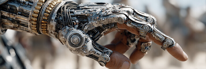 Close-up of a highly detailed bionic hand and forearm, showcasing intricate mechanical parts and advanced futuristic technology, a symbol of human ingenuity and artificial enhancement