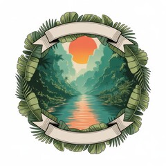Tropical landscape with river and sun framed by banana leaves and blank banners illustration
