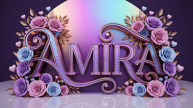 Photo-Realistic 3D Floral Frame with Calligraphic &ldquo;Amira&rdquo; and Gold Accents