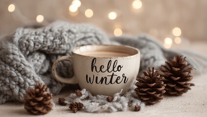 Hello Winter cozy coffee cup with pine cones and blanket for a warm seasonal scene	
