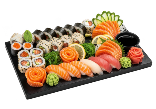 Exquisite japanese sushi and sashimi platter featuring various rolls, nigiri isolated on transparent background