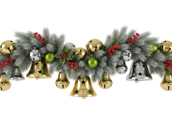 Christmas garland with frosted pine, holly berries, gold and silver bells isolated on transparent background