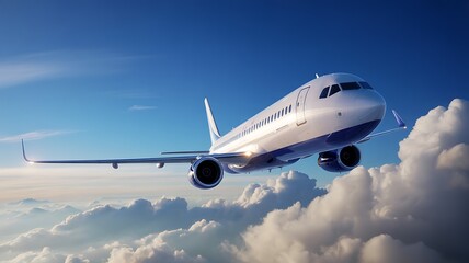 Fototapeta premium Commercial Airplane Flying Above Clouds in Blue Sky